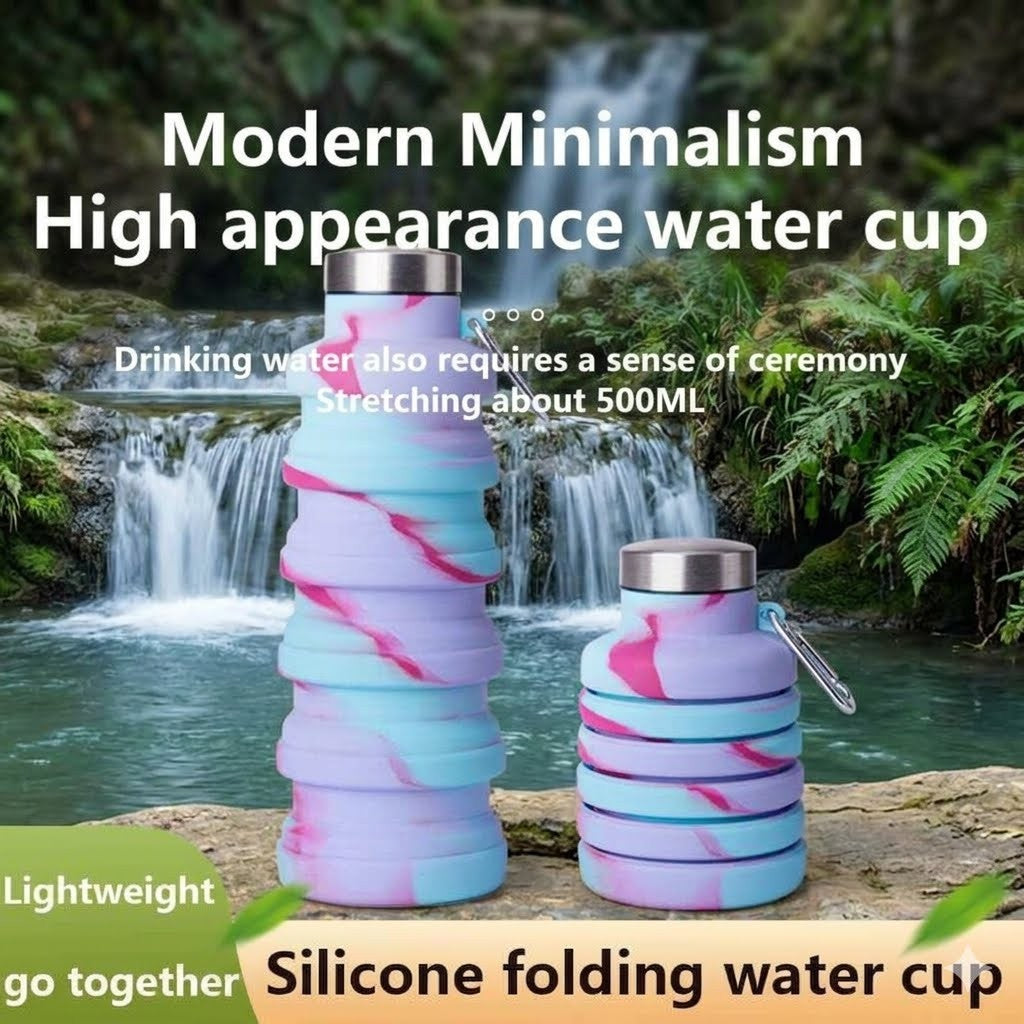 Modern minimalist high appearance water cup text overlay with 500ml expanded and collapsed tie-dye pastel silicone folding water bottles beside a mountain stream.