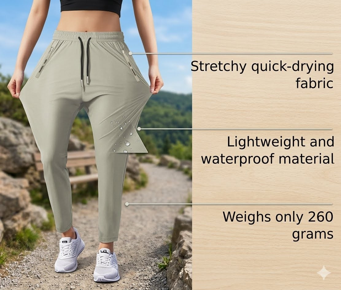 A person outdoors wearing light sage green athletic jogger pants, with text callouts on the right describing stretchy quick-drying fabric, lightweight waterproof material, and a weight of only 260 grams.