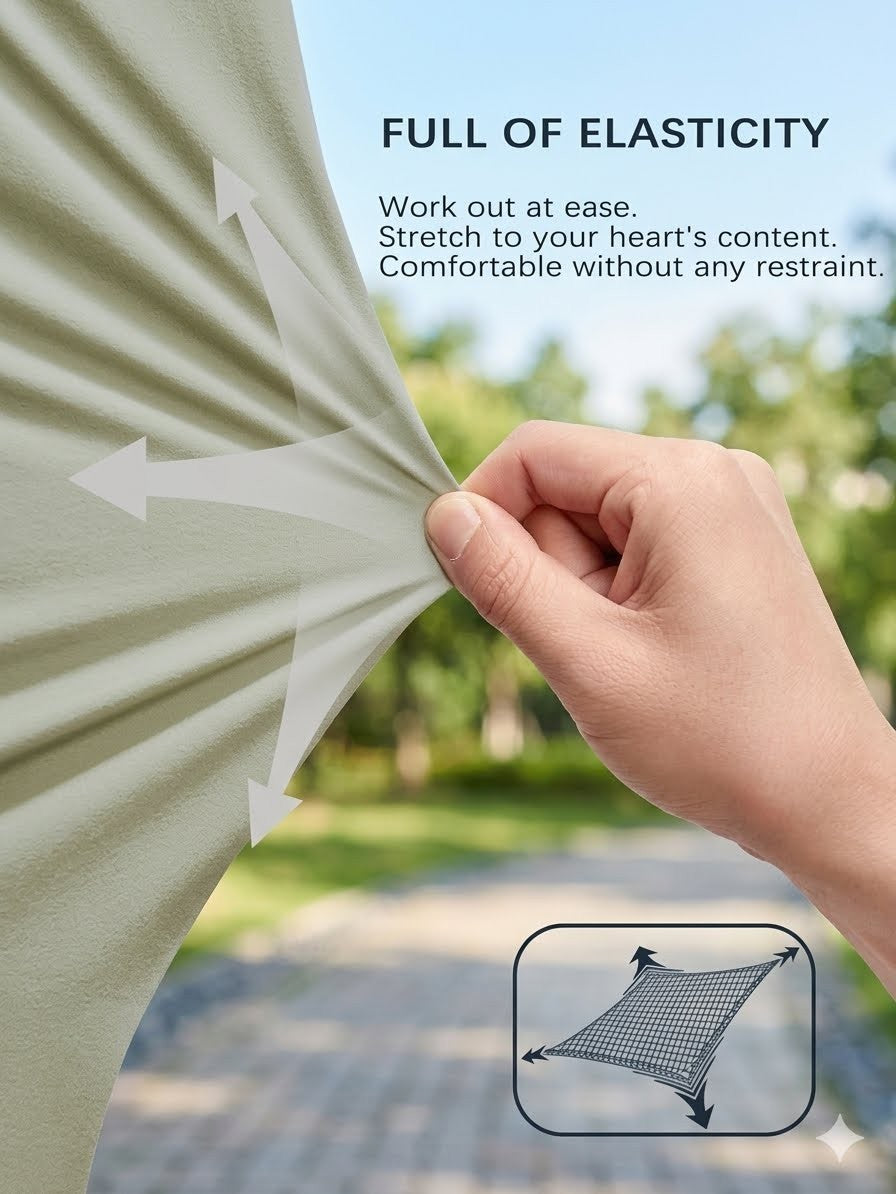 A hand stretching a light olive green elastic fabric panel, with text reading 'FULL OF ELASTICITY' and a small inset showing a net-like elastic material. The background is a blurred outdoor path and trees.
