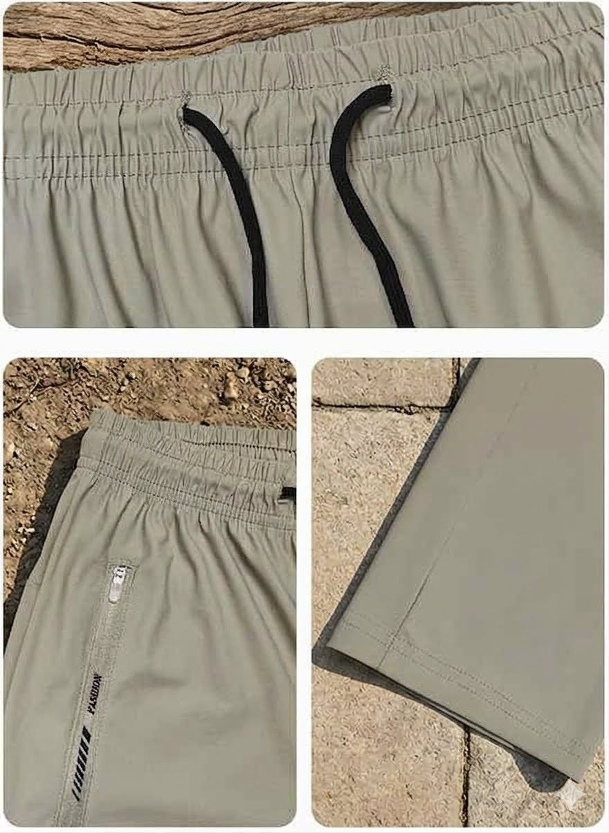 Three-panel close-up collage of light olive green drawstring shorts, showing the waistband, side pocket with a small white brand tab, and a folded hem detail against an outdoor stone and wood background.