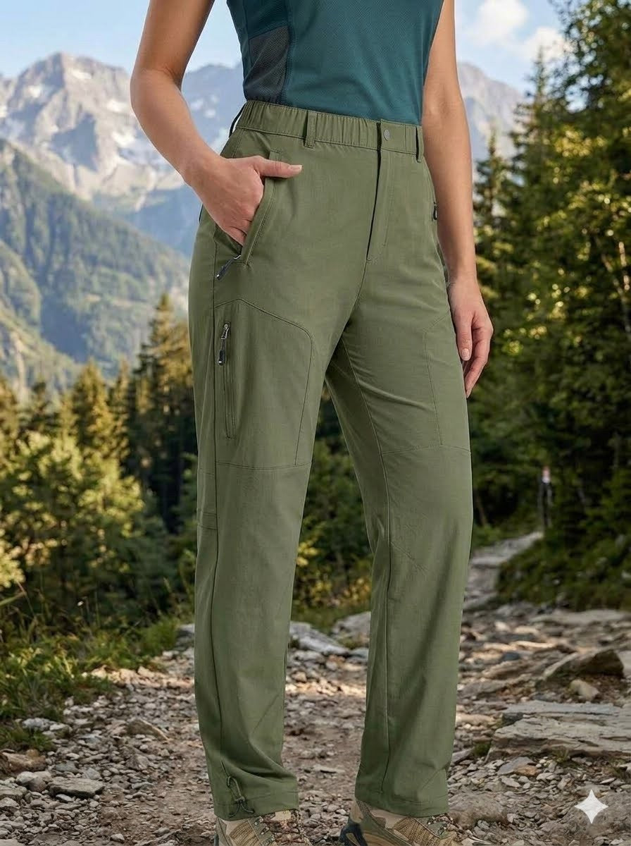 Olive green hiking pants with side zip pockets, worn by a model standing on a rocky mountain trail with pine trees and peaks in the background.
