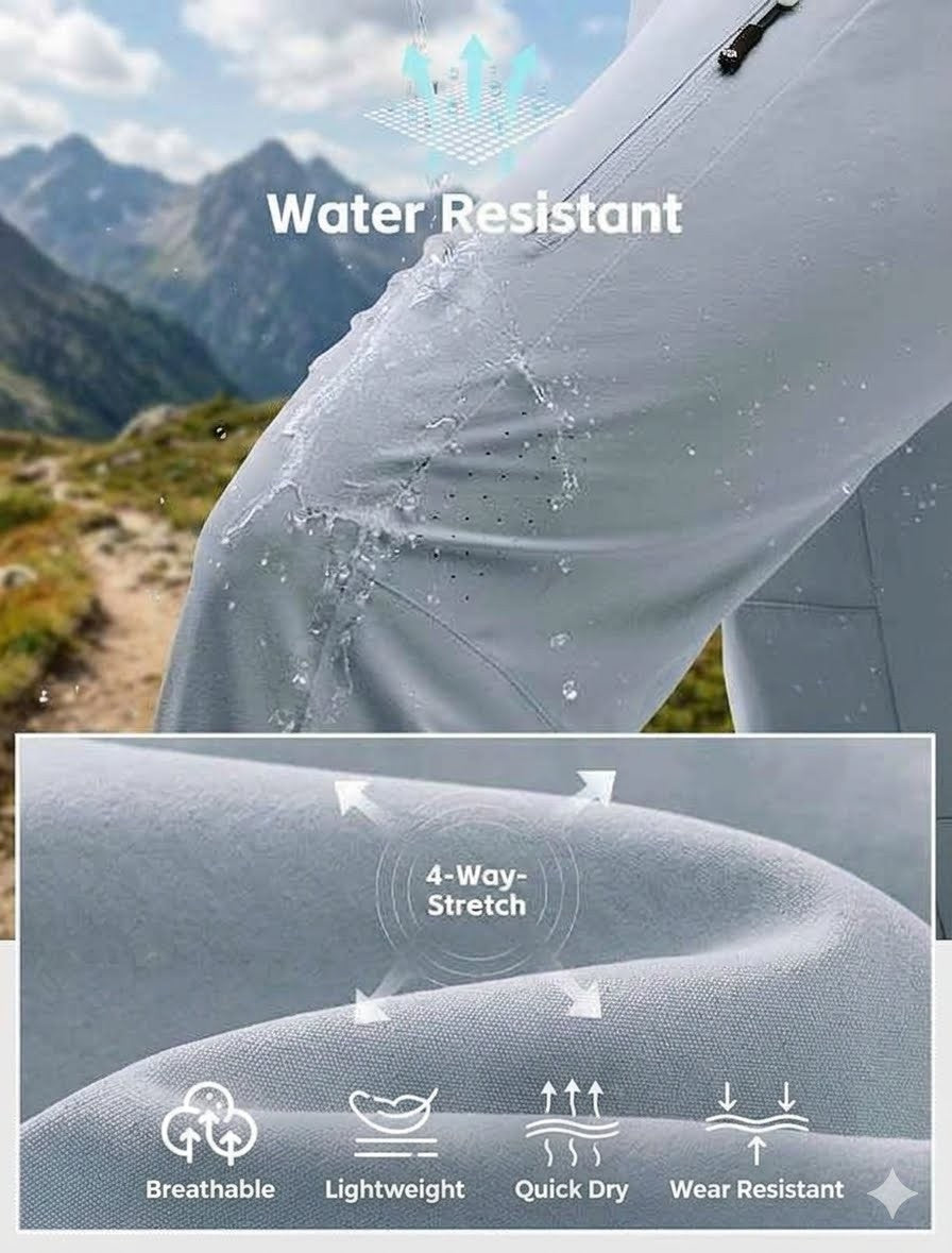 Light gray technical outdoor pants with a close-up of the knee showing water droplets and the text 'Water Resistant.' The image includes a mountain background, a fabric detail panel with '4-Way-Stretch,' and feature icons for breathable, lightweight, quick dry, and wear resistant.