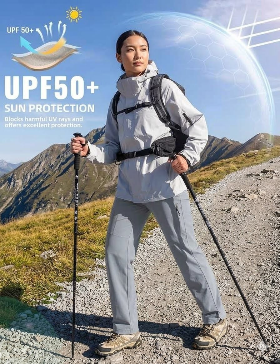 A woman hiking on a mountain trail wearing a light gray waterproof jacket, matching gray pants, and a black backpack, holding trekking poles. The image features promotional text for UPF50+ sun protection and a graphic overlay of a sun and protective shield.