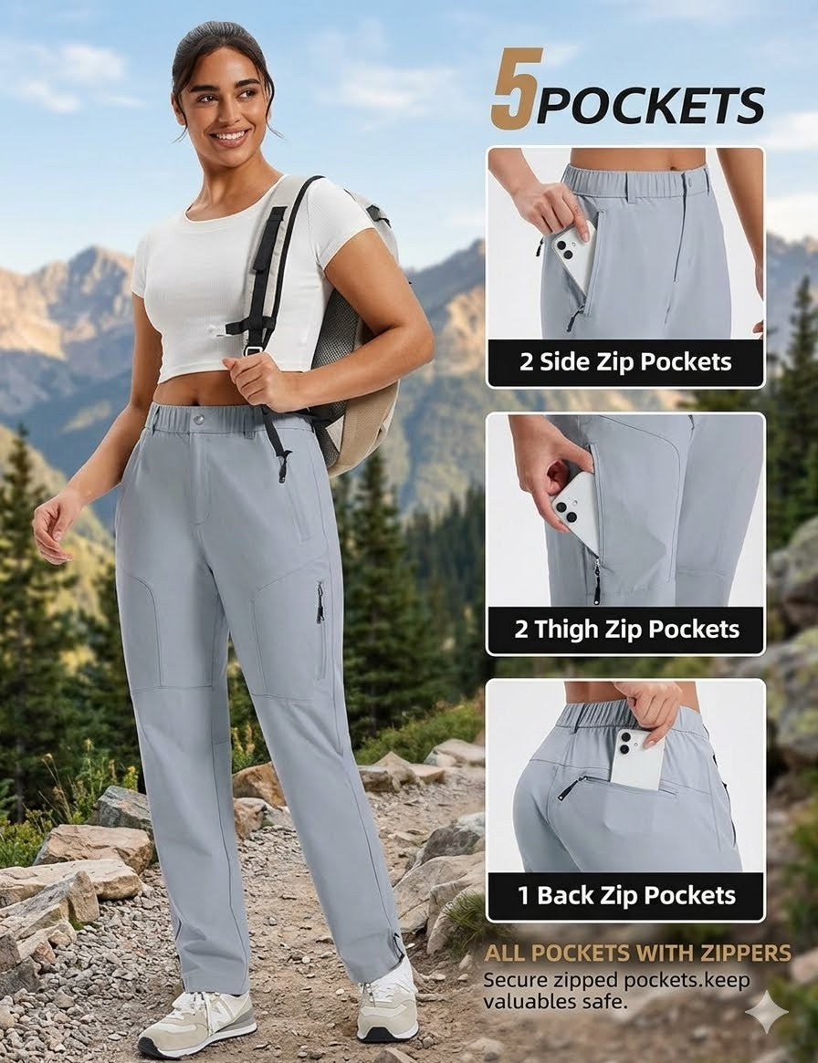 A woman wearing light gray zippered hiking pants stands outdoors in a mountain setting, with inset detail panels showing five pockets on the pants. Text on the image highlights side zip pockets, thigh zip pockets, and a back zip pocket.