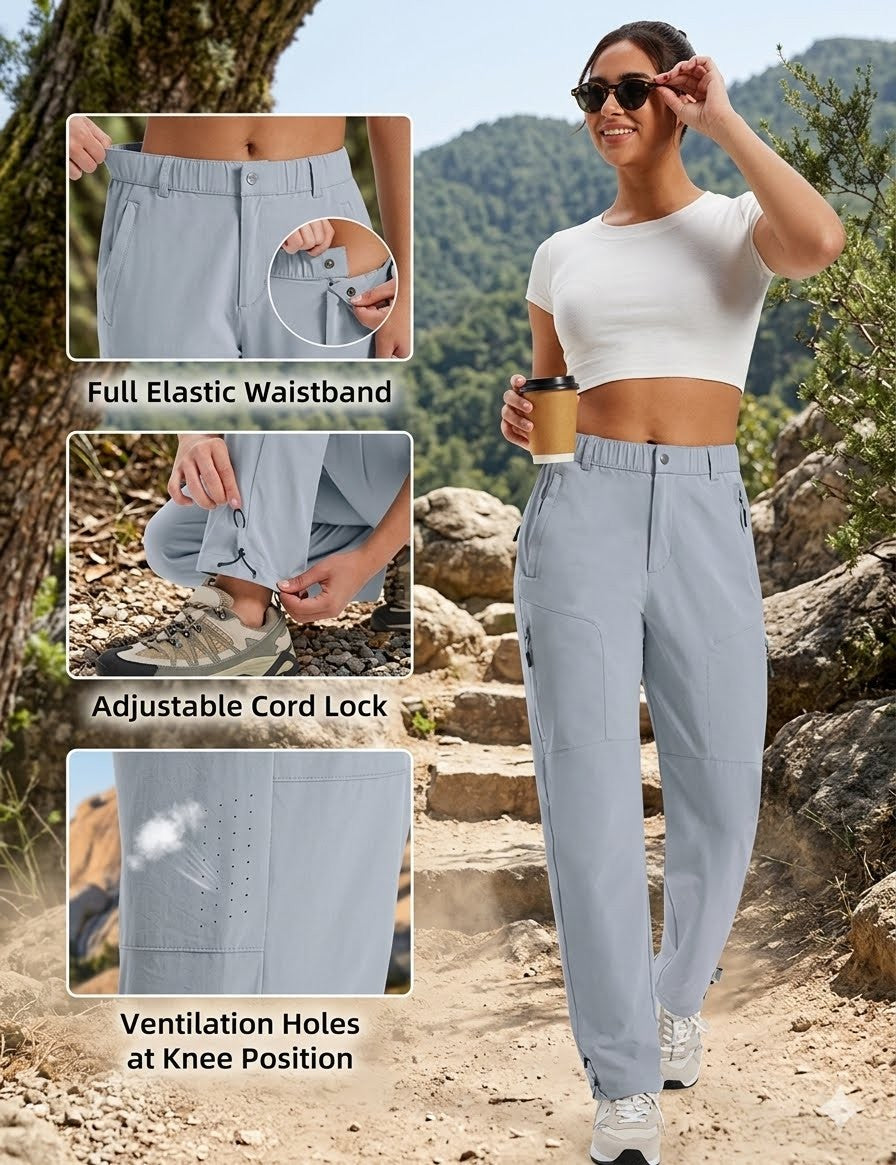 A woman wearing light blue high-waisted athletic pants walks on a rocky outdoor trail. Three inset close-up panels on the left show feature details: a full elastic waistband, an adjustable cord lock, and ventilation holes at the knee position.