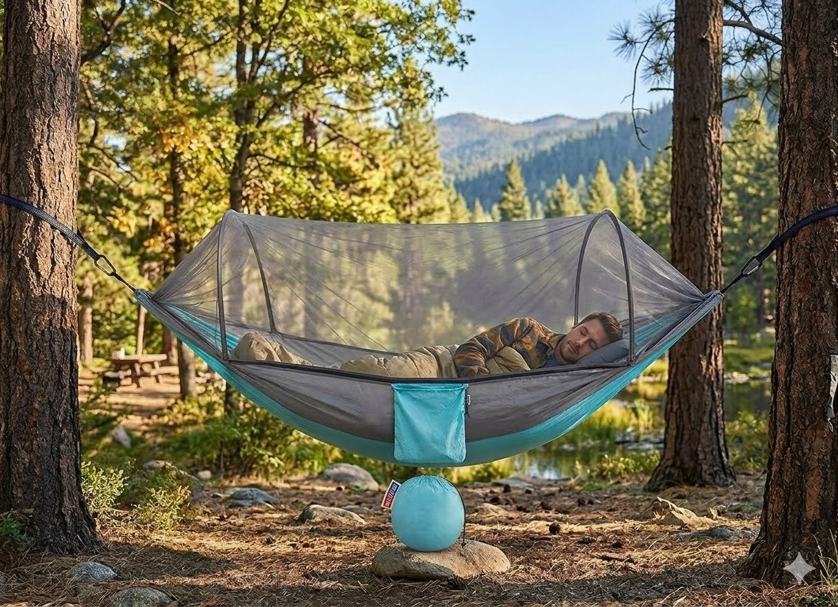 A person relaxes inside a teal and gray camping hammock with an attached mosquito net, suspended between two trees in a forest with mountains in the background. big green bear