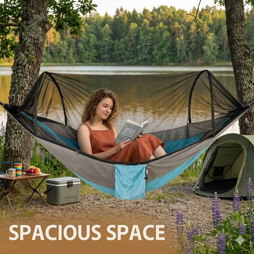 A woman relaxes in a spacious black mesh camping hammock with a blue underside, set between two trees at a lakeside campsite. A small table with drinks and a cooler sits on the left, and a green dome tent is on the right.