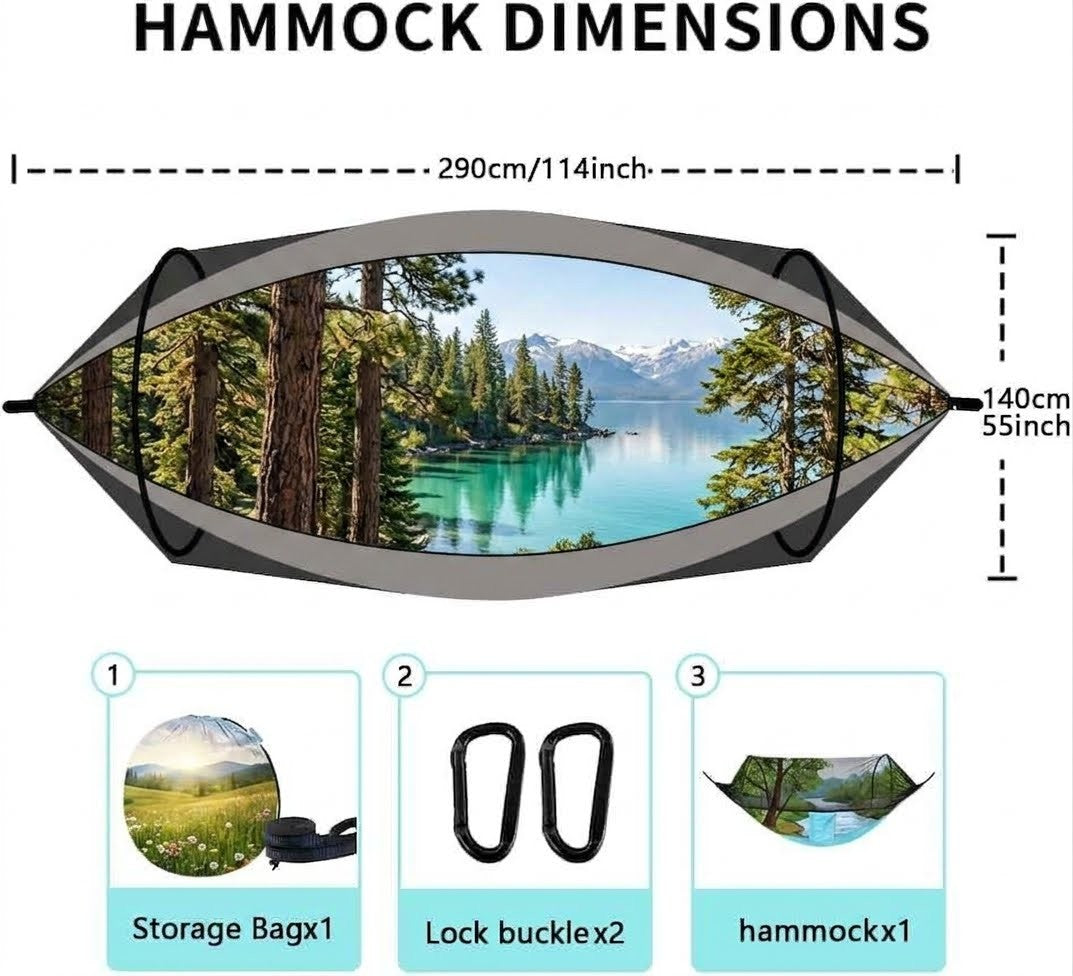 Hammock dimensions diagram showing a forest lake hammock with measurements of 290cm by 140cm, plus included accessories: a storage bag, two lock buckles, and another hammock.
