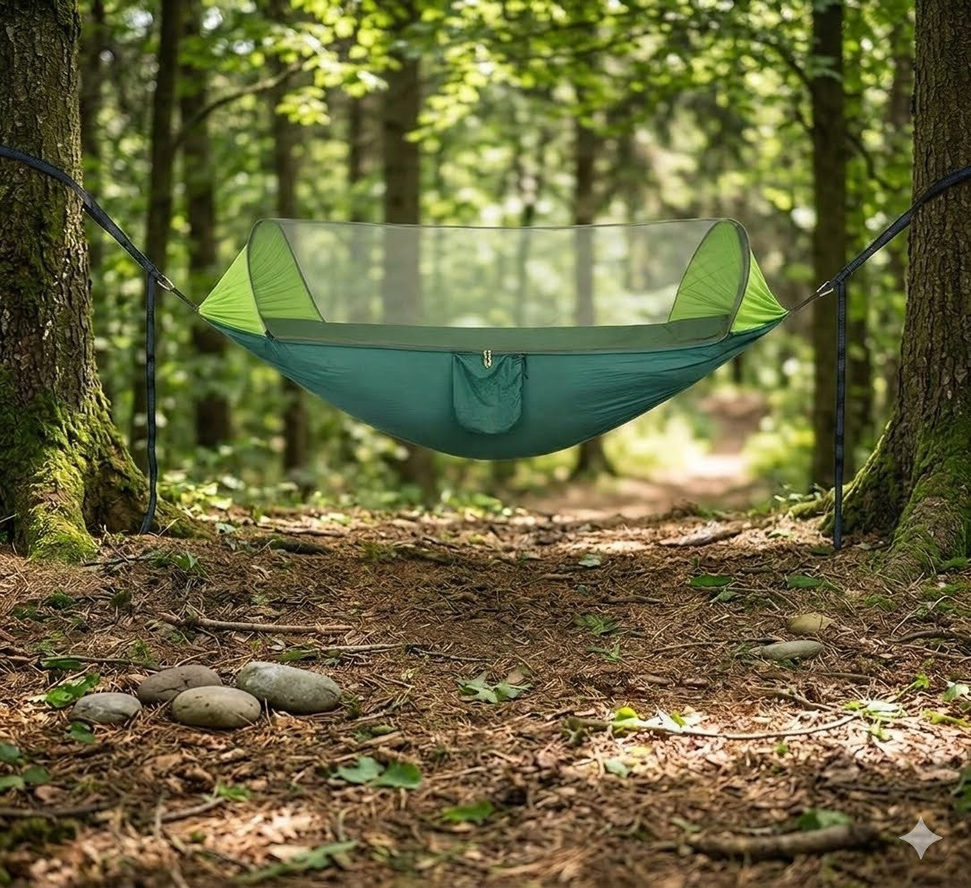 A green camping hammock with an integrated mosquito net suspended between two trees on a forest trail.
