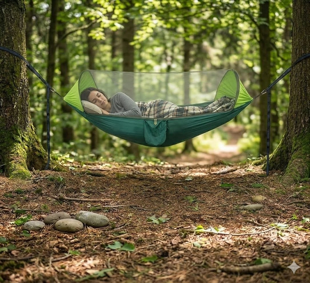 Women sleeping in a hammock outside in the woods biggreenbear.com