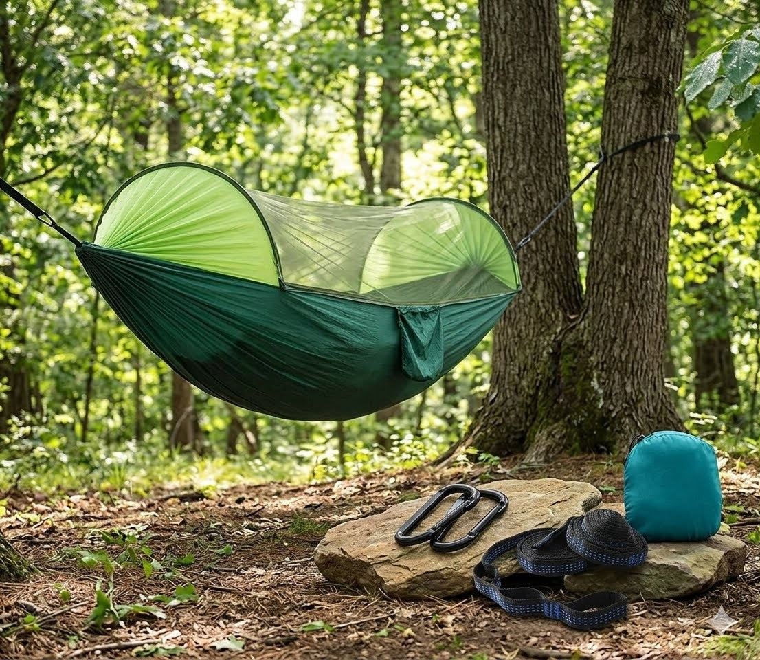 A green camping hammock with an attached mosquito net is suspended between two trees in a wooded outdoor setting. A rock beneath it holds black straps and a teal packed bag, suggesting a camping setup scene.