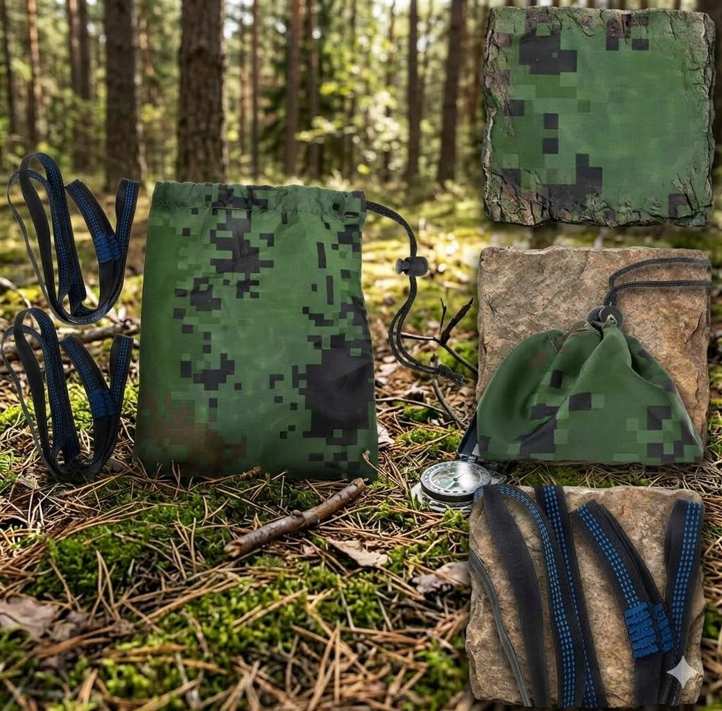 Green digital camouflage drawstring pouches shown outdoors in a forest setting, alongside blue and black straps and a small compass on mossy ground.