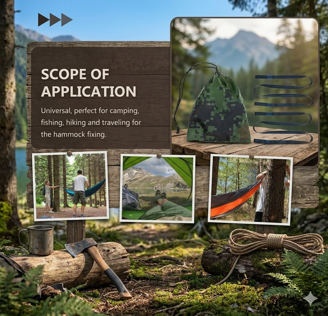 A promotional collage for a camping hammock accessory set, showing a wooden sign with the text 'SCOPE OF APPLICATION,' a camouflage drawstring bag, a set of blue straps or cords, and several small lifestyle photos of hammocks in use in a forest. The background is a real outdoor camping scene with trees, logs, rope, and mountains.