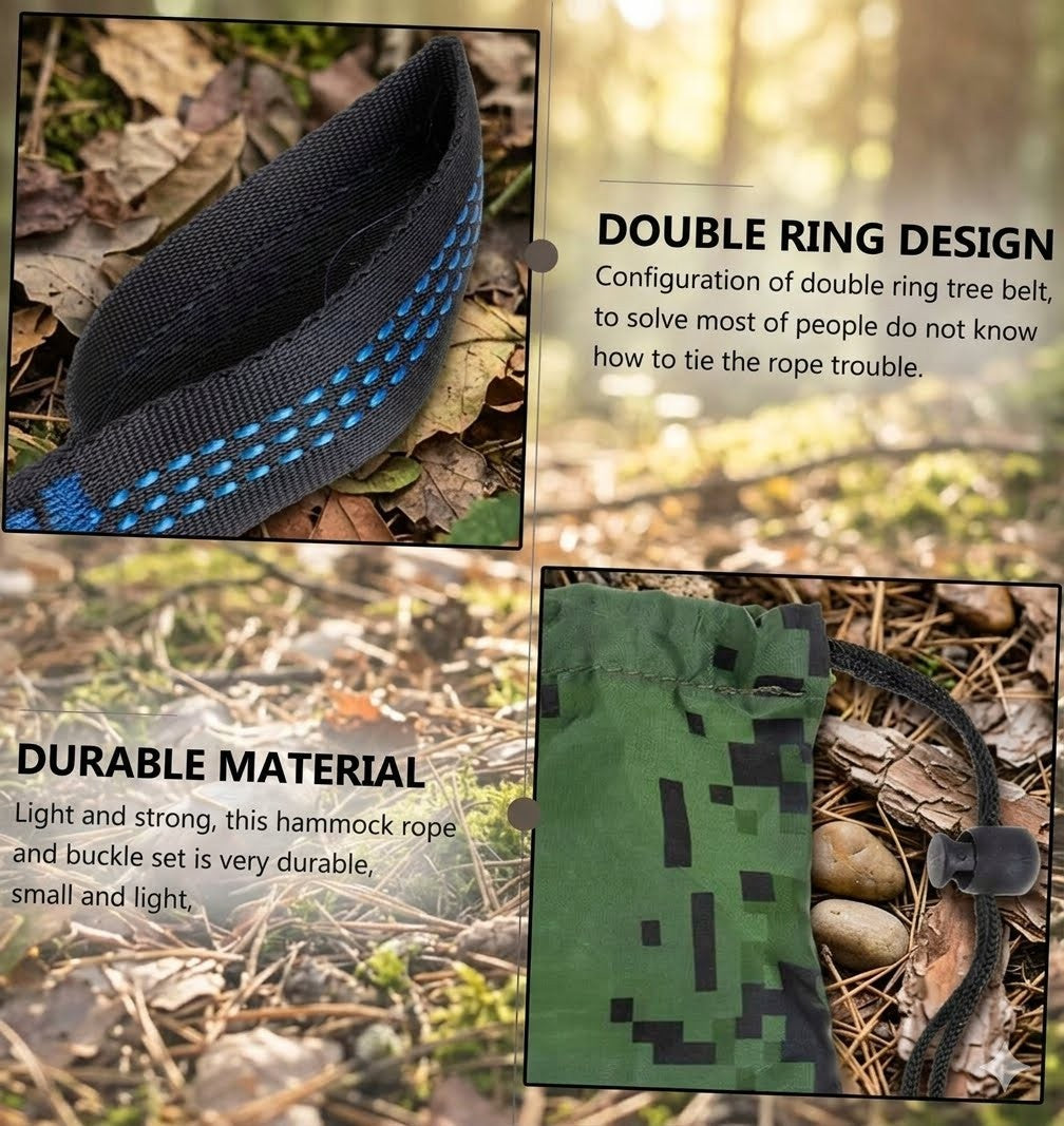 A 3-panel product collage showing a camouflage tree hammock rope belt outdoors on a forest floor. The top-left panel shows a black belt with blue stitching and text explaining a double ring design.
