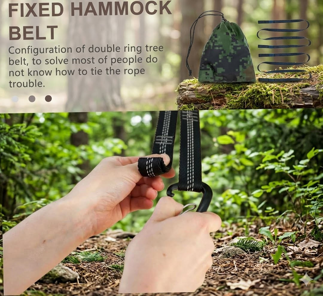A composite product explainer for a fixed hammock belt. The top panel shows the hammock belt setup components, including a camouflage drawstring bag, a black spring, and rope, with text explaining the configuration.