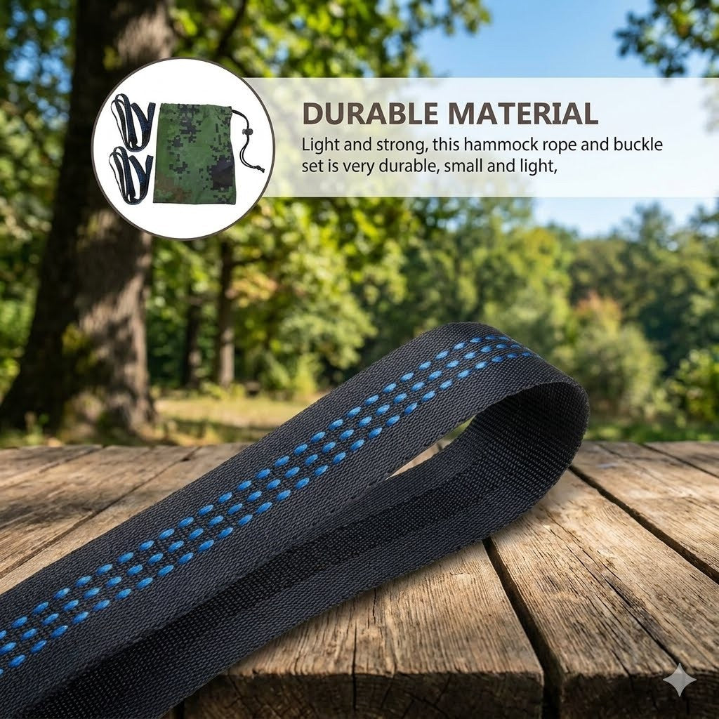 A black hammock rope with blue stitching details resting on a rustic wooden table, with a blurred forest background. An overlay graphic in the top left highlights the durable material with a small inset showing the buckle.