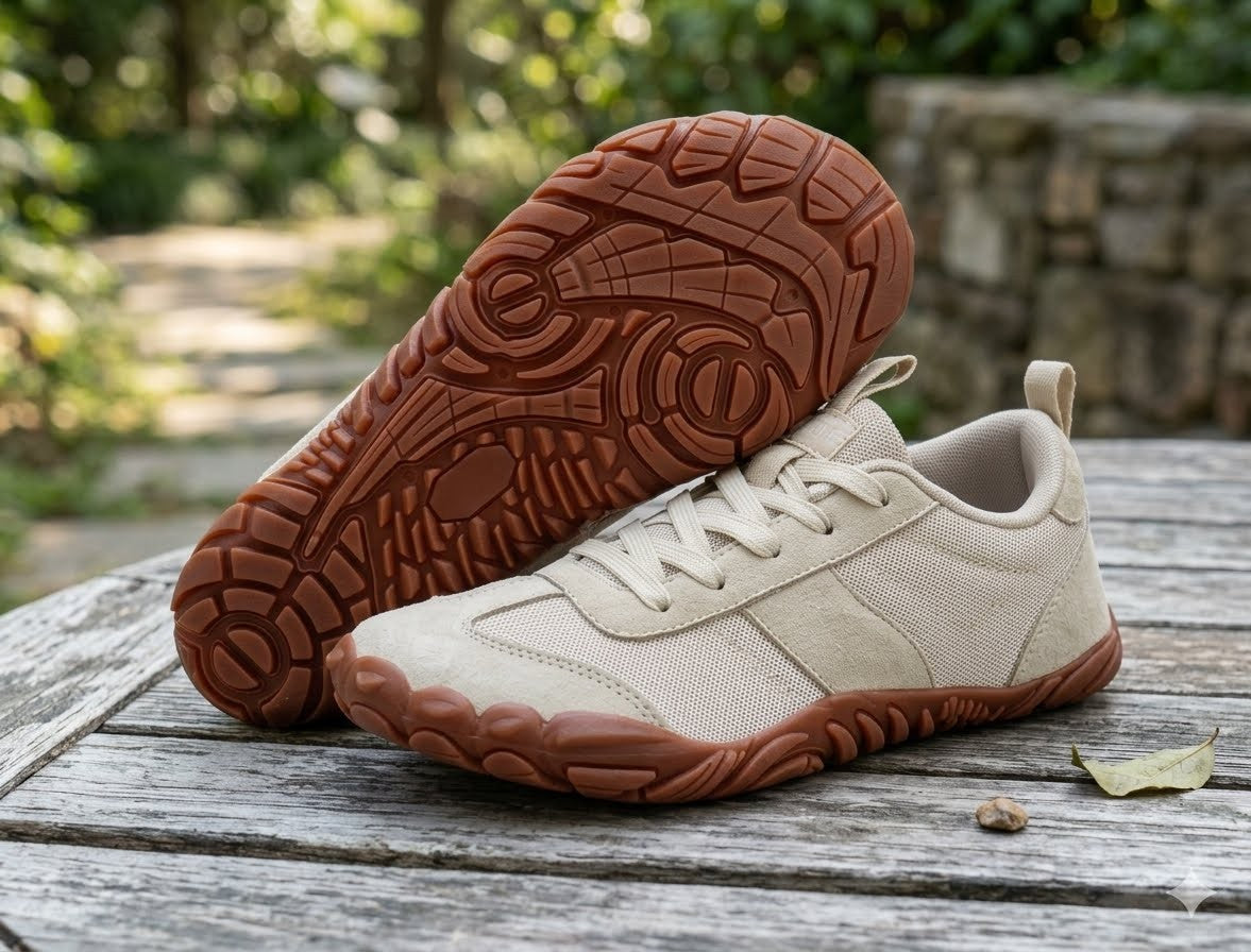 A pair of low-top casual shoes in beige canvas and suede with a brown rubber sole, displayed on a weathered wooden table with a blurred outdoor garden background.