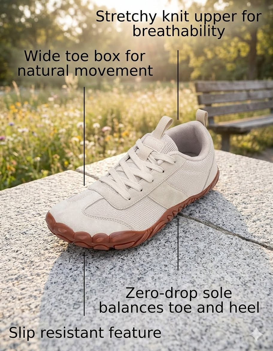 A beige knit lace-up shoe with a brown sole sits on a stone surface outdoors, with text callouts pointing to features like the stretchy knit upper, wide toe box, zero-drop sole, and slip resistant feature.
