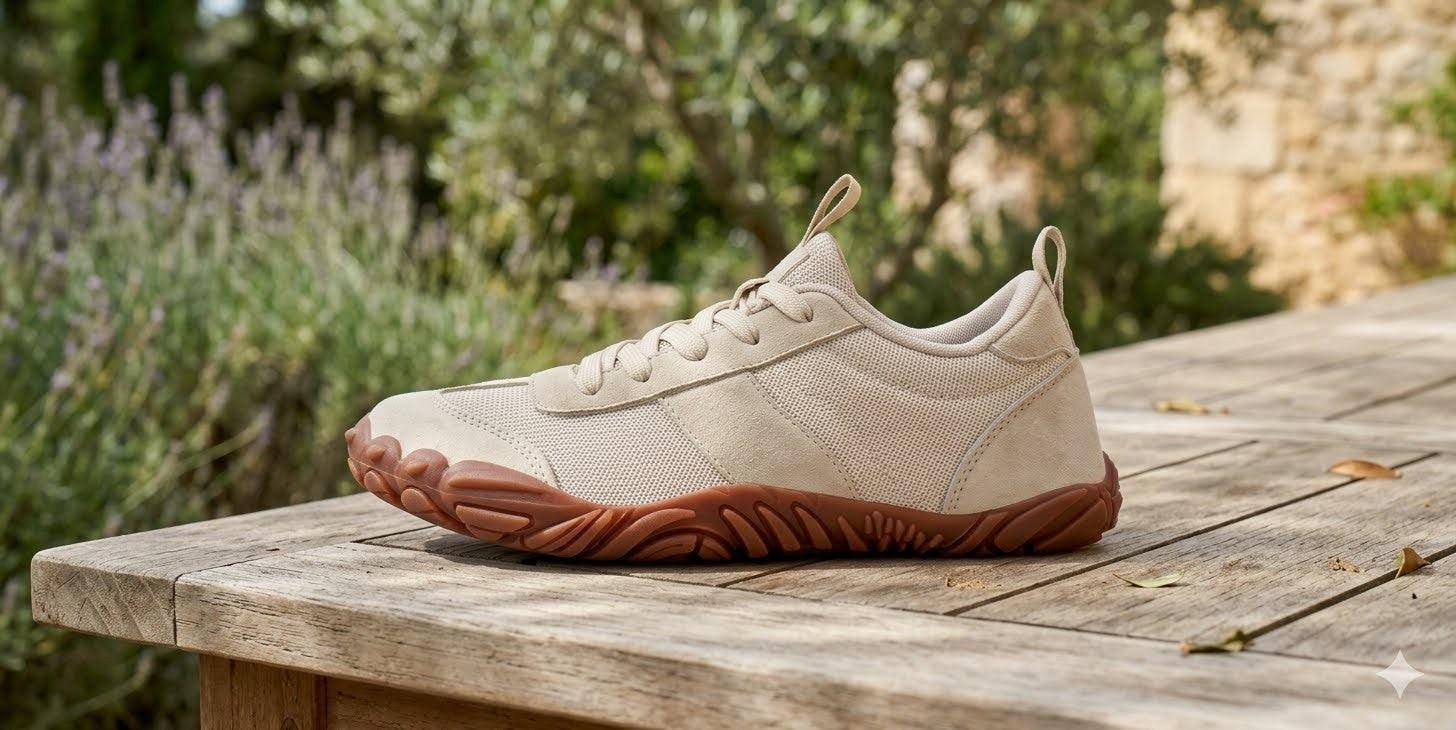 A single low-top sneaker in light beige with a brown textured sole, resting on a weathered wooden table with a blurred garden background.