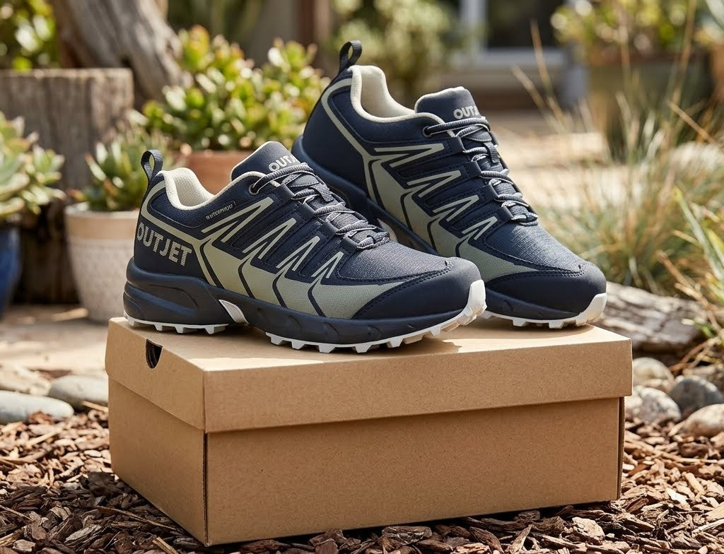 A pair of outdoor trail running shoes in navy blue and olive green, displayed on top of a brown cardboard shoebox in a garden setting. big green bear
