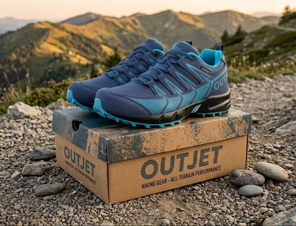 A pair of blue and teal Salomon hiking shoes displayed on top of a branded cardboard shoebox outdoors on a rocky mountain path with hills in the background. big green bear