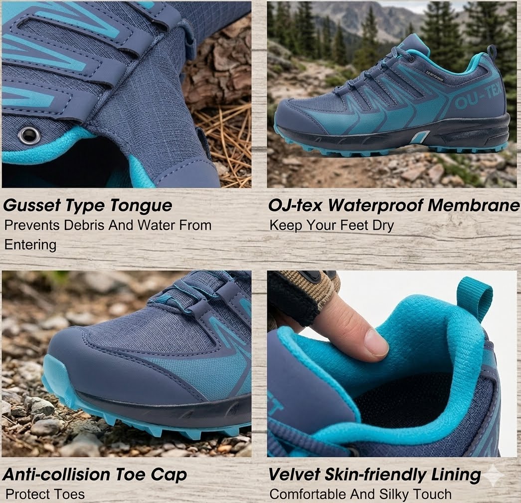 A four-panel product feature collage for a hiking shoe. The top-left panel shows a close-up of the gusseted tongue with text reading 'Gusset Type Tongue' and a description about keeping debris and water out.