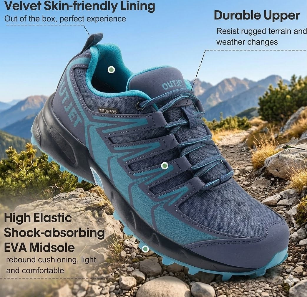 A blue and gray outdoor trail running shoe shown on a rocky mountain path with text callouts describing its features, including velvet skin-friendly lining, durable upper, high elastic shock-absorbing EVA midsole, and waterproof performance.