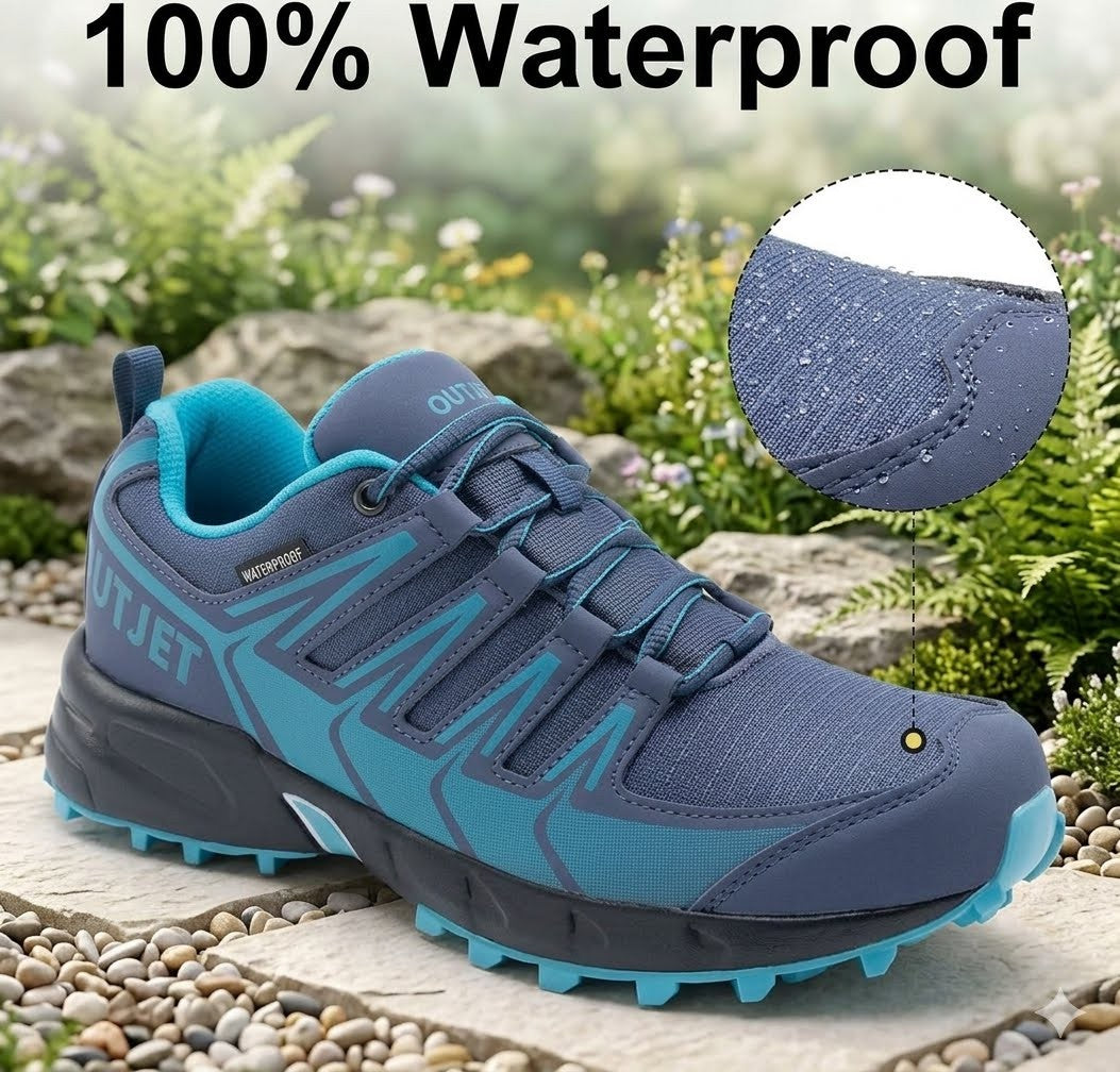 A blue and turquoise outdoor running shoe shown on a stone path with pebbles and greenery in the background, plus a circular inset highlighting waterproof fabric with water droplets. Large text at the top reads '100% Waterproof.