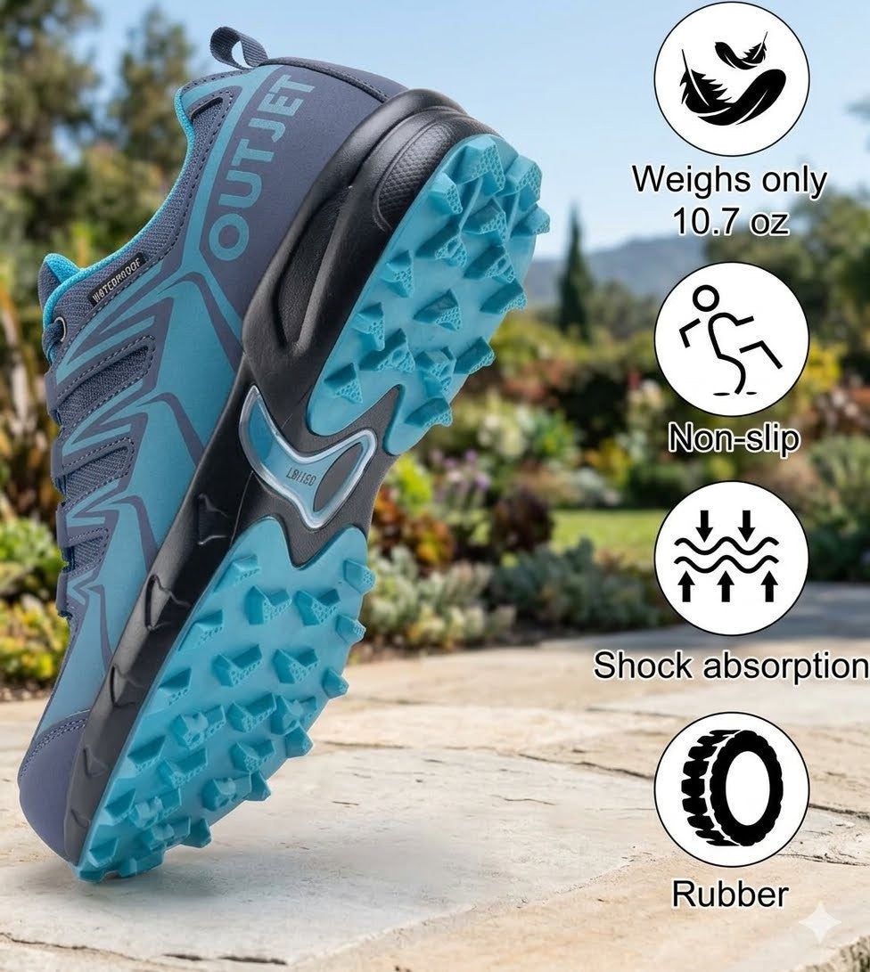A blue and black trail running shoe with a rugged sole, shown on a stone path with a blurred outdoor garden background. On the right side, there are four circular icons with text describing product features: 'Weighs only 10.