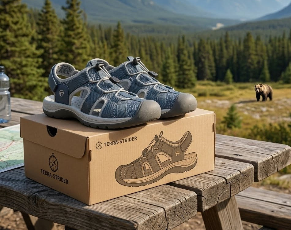 A pair of blue and gray Terra-Strider hiking sandals sits on top of a cardboard shoebox on a rustic wooden picnic table, with a scenic mountain and forest landscape in the background. big green bear