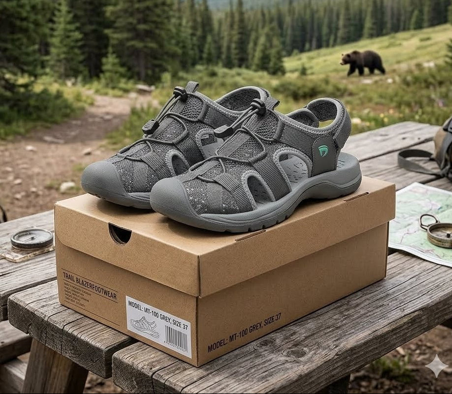 Gray hiking sandals resting on a brown shoe box on a wooden picnic table, with a mountain forest landscape and a bear in the background. big green bear