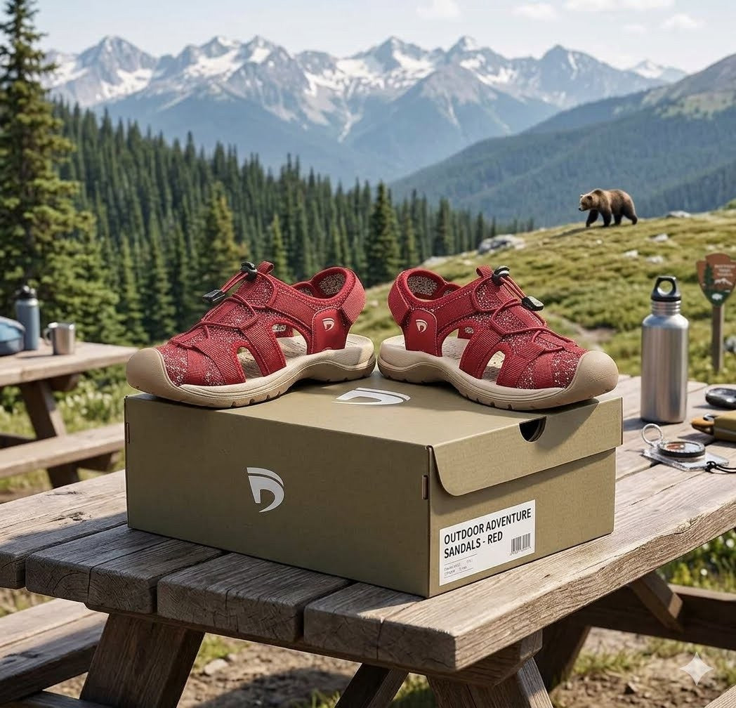 A pair of red outdoor adventure sandals sits on top of a tan shoe box on a wooden picnic table, with a mountain landscape, pine forest, and a bear in the background. big green bear