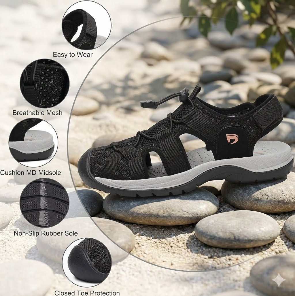 Black outdoor sandal shown on smooth stones with circular inset callouts highlighting features such as easy wear, breathable mesh, cushioned midsole, non-slip rubber sole, and closed toe protection.