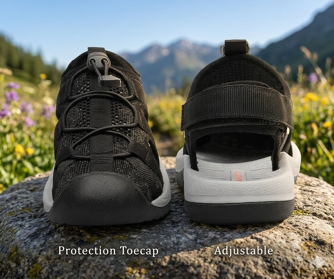 A pair of black outdoor shoes displayed side by side on a rock, with a blurred mountain and wildflower landscape in the background. The left shoe is labeled 'Protection Toe cap' and the right shoe 'Adjustable', showing the open back and strap system of the footwear.