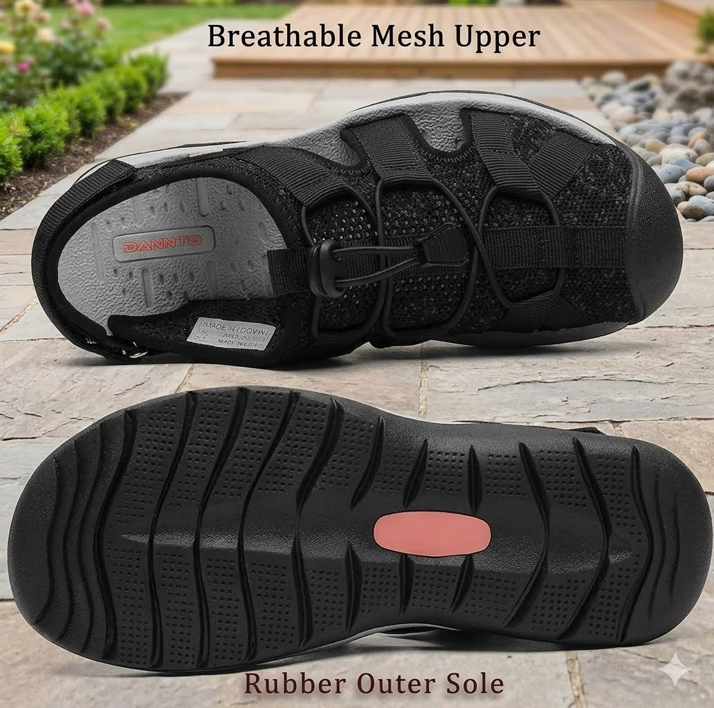 Black Aquascapul breathable mesh upper and textured rubber outer sole shown from top and bottom views on a stone patio background, with text overlays describing the features.