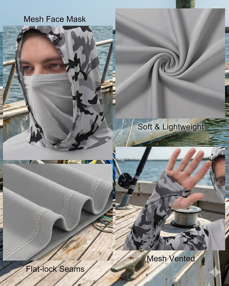 A composite product collage for a gray camouflage mesh face mask and neck gaiter. The image includes a model wearing the mask on a boat deck, a close-up of the fabric swirled into a spiral, flat-lock seam detail, and a mesh vented sleeve detail.