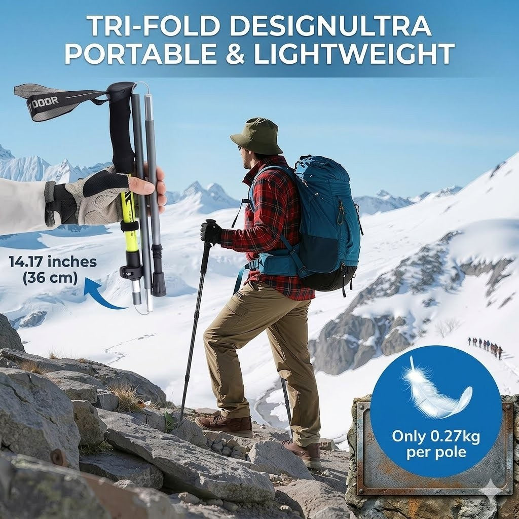 A person hiking in a snowy mountain landscape uses a pair of folding trekking poles, with a close-up inset showing the poles folded and held by a hand. Text reads 'TRI-FOLD DESIGNULTRA PORTABLE & LIGHTWEIGHT' and includes size and weight callouts.