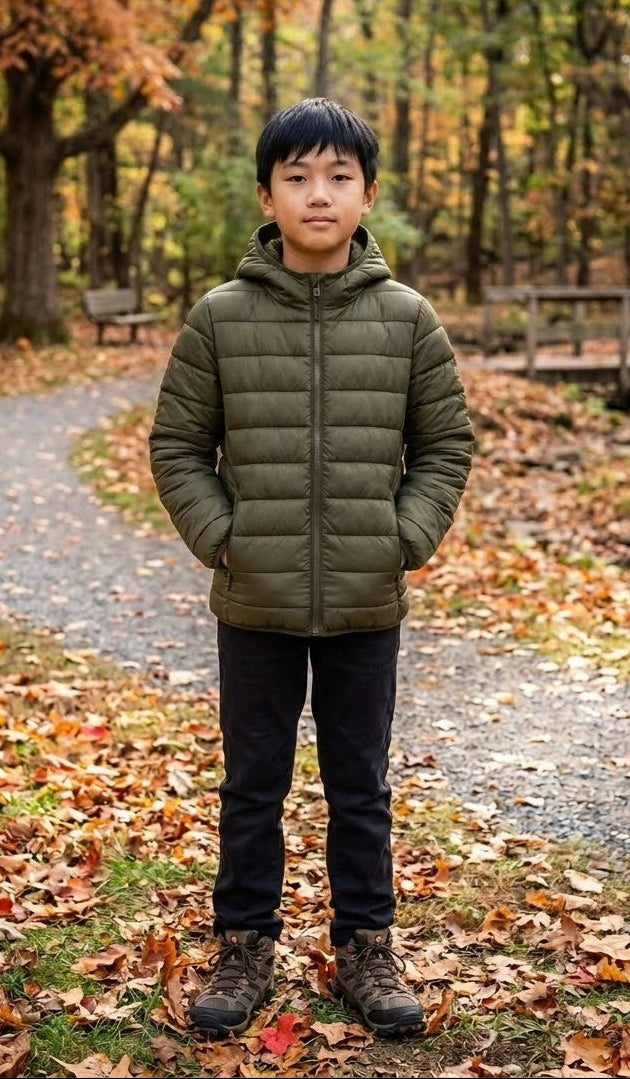 A young boy stands on a gravel path in an autumn park wearing an olive green puffer jacket, dark pants, and hiking boots.