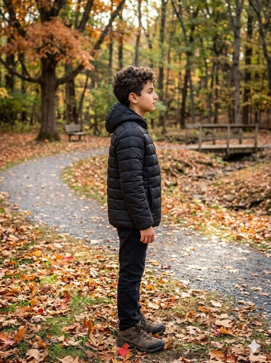 A young boy wearing a black puffer jacket, dark pants, and hiking boots stands on a gravel path in an autumn park with fallen leaves and trees in the background.