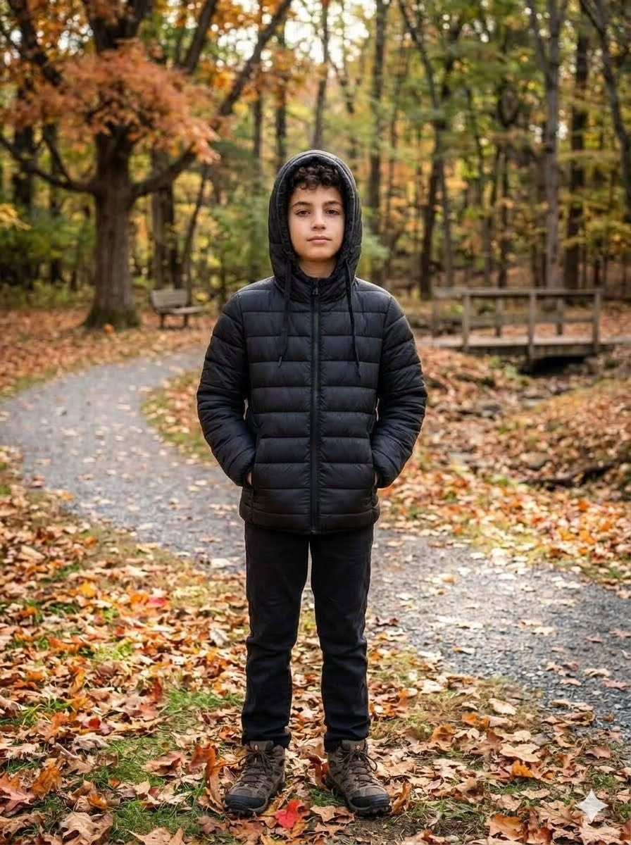 A boy standing on an autumn park path wearing a black hooded puffer jacket, black pants, and hiking boots.
