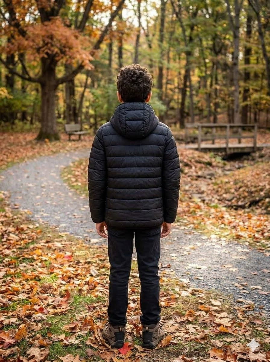 A man viewed from behind wearing a black puffer jacket, dark jeans, and hiking boots, standing on a gravel path in an autumn park with fallen leaves and trees.