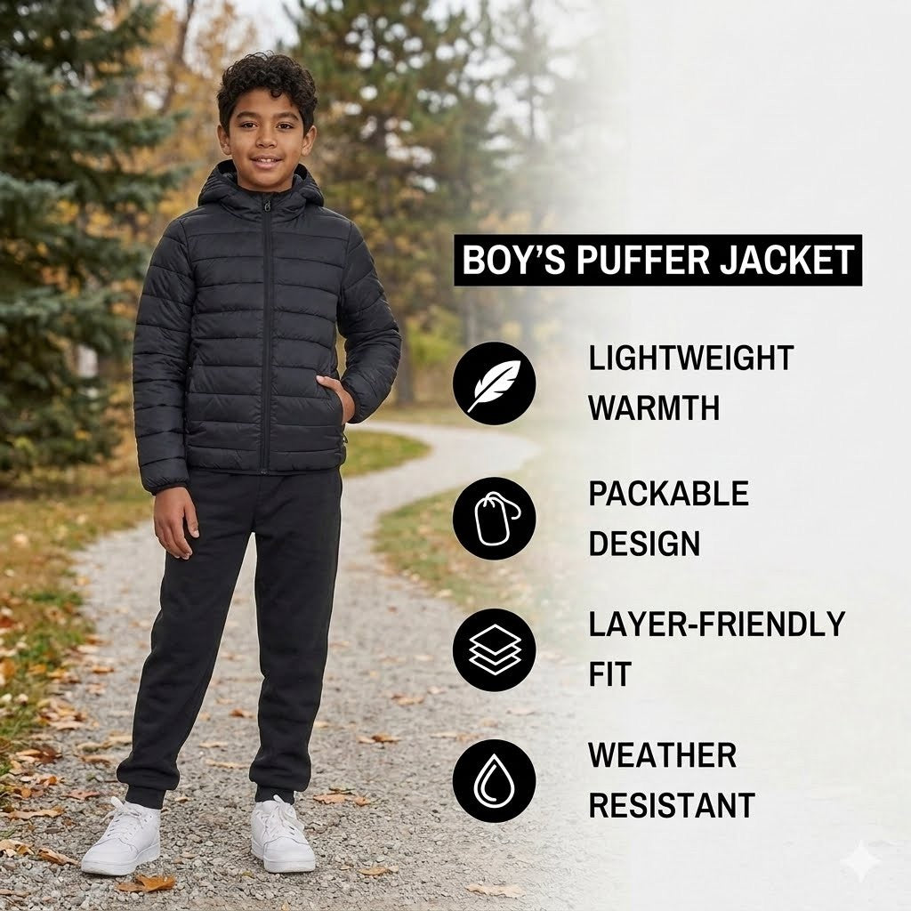 A boy stands on a gravel path wearing a black puffer jacket and black pants, with text callouts on the right listing product features: lightweight warmth, packable design, layer-friendly fit, and weather resistant.