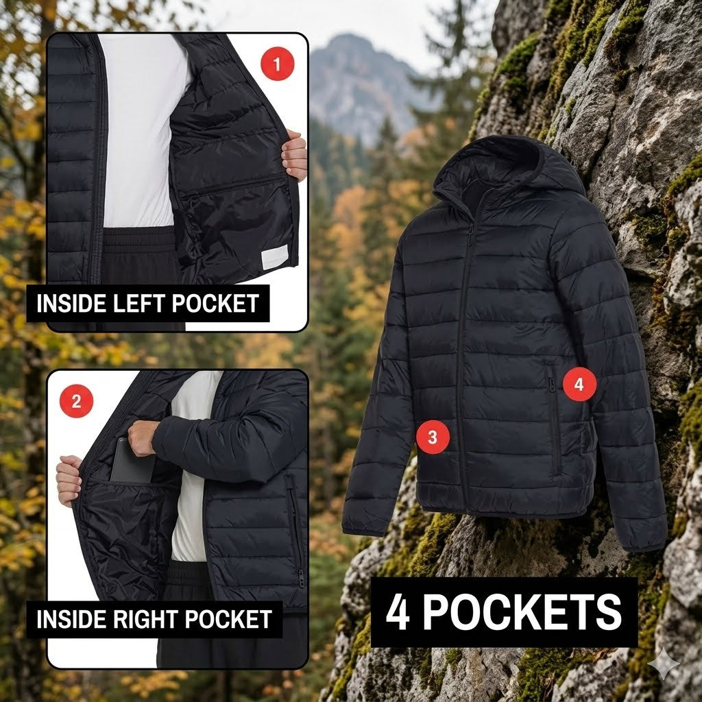 Black hooded puffer jacket with four pockets, shown on a rocky outdoor background with two inset close-ups labeled for the inside of the left and right pockets. Text on the image says '4 POCKETS'.