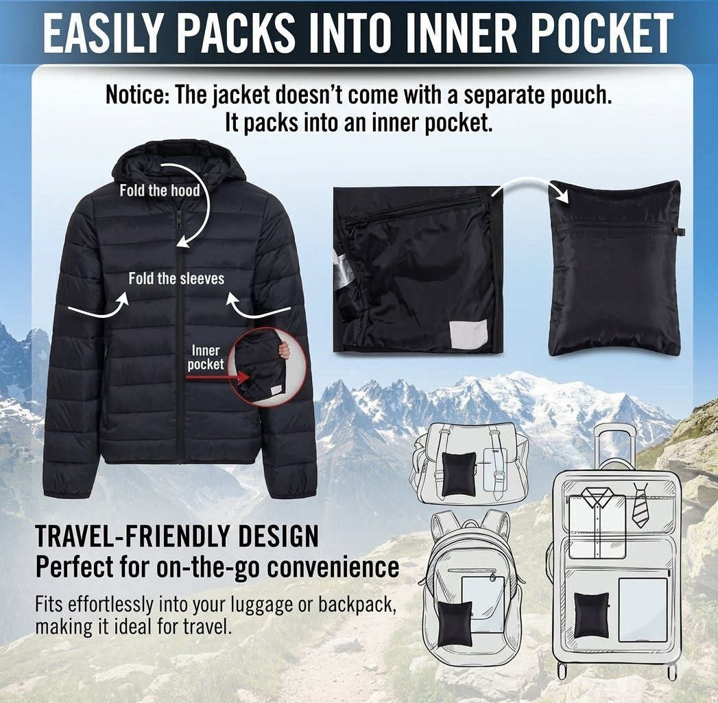 A promotional infographic showing a black puffer jacket with arrows and text explaining how to fold the hood and sleeves to pack into an inner pocket. The image includes a folded jacket, a packed inner pocket pouch, a packed pillow-like pocket, and line drawings of the jacket fitting into a backpack and suitcase, all over a mountain background.