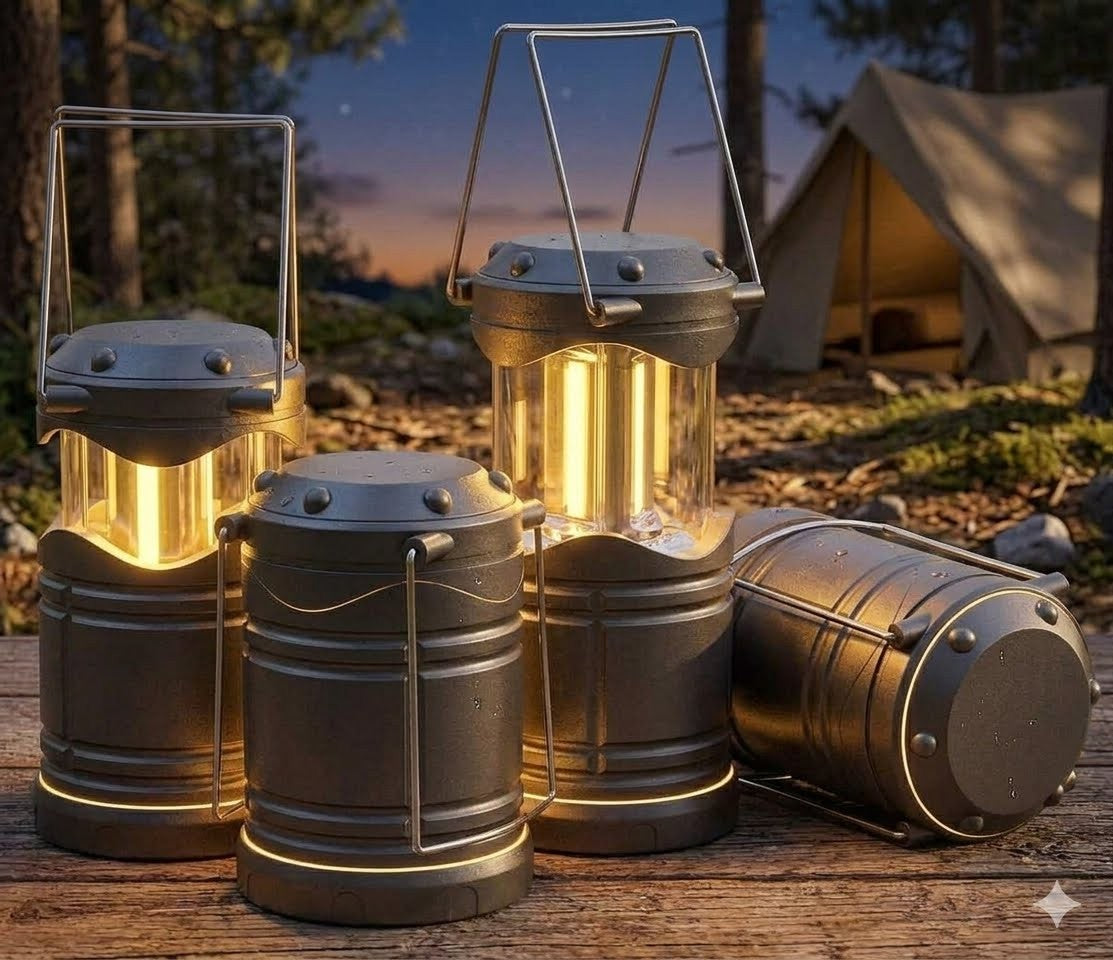 Four dark gray metal lanterns with warm yellow light glowing inside, arranged on a wooden surface outdoors at dusk with a tent and trees in the background. big green bear