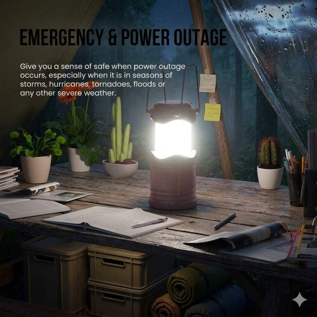 A glowing lantern-style emergency light sits on a rustic wooden table in a dim shelter-like room, with notebooks, plants, cacti, storage bins, and outdoor gear around it. Large text at the top reads 'EMERGENCY & POWER OUTAGE.