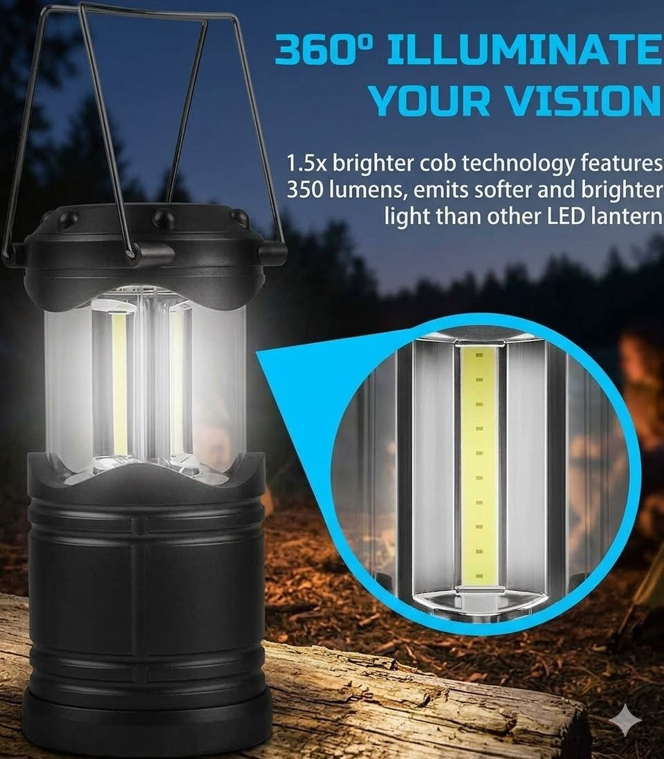 A black portable LED lantern with a clear cylindrical body and metal handle, shown lit against a nighttime outdoor background with text and a circular inset highlighting the bright light output.