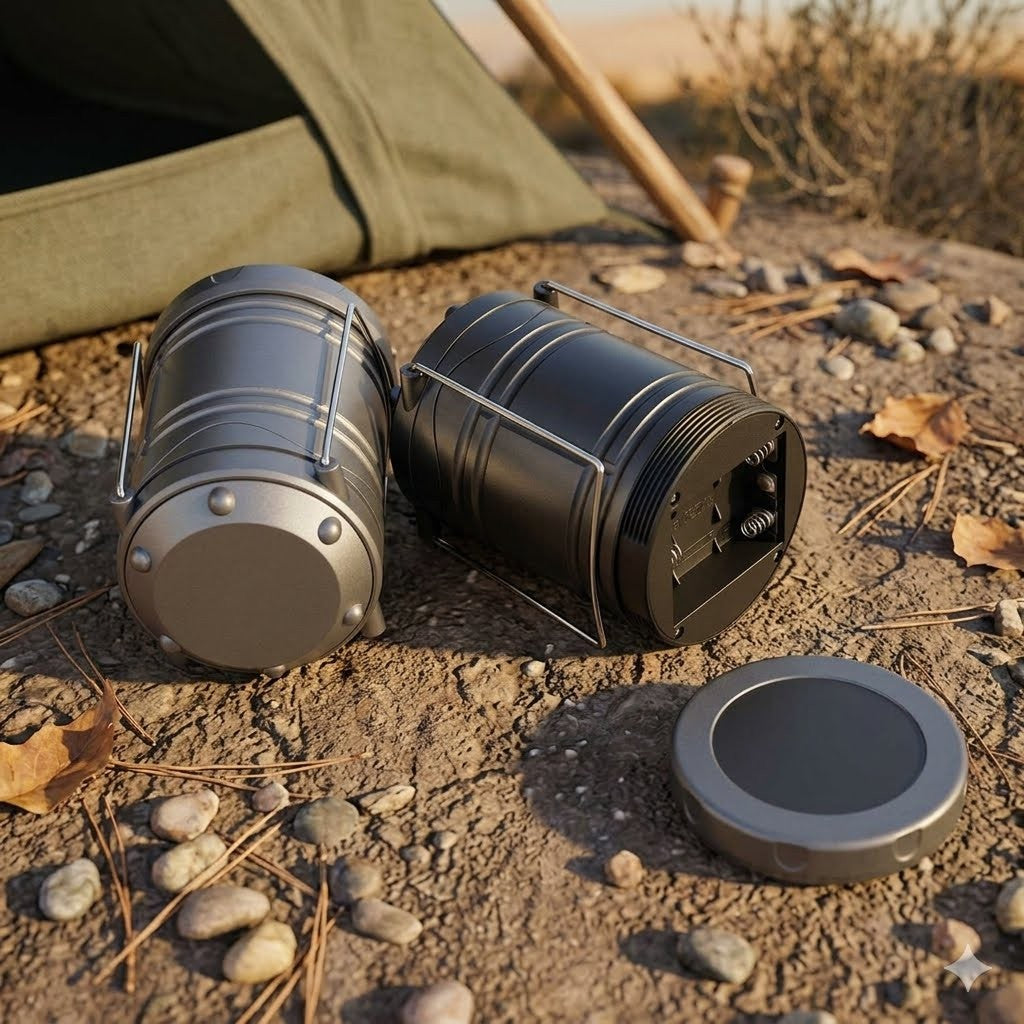 Two cylindrical camping lanterns in silver and black metal, shown disassembled with a separate circular lid on sandy ground outdoors near a tent.