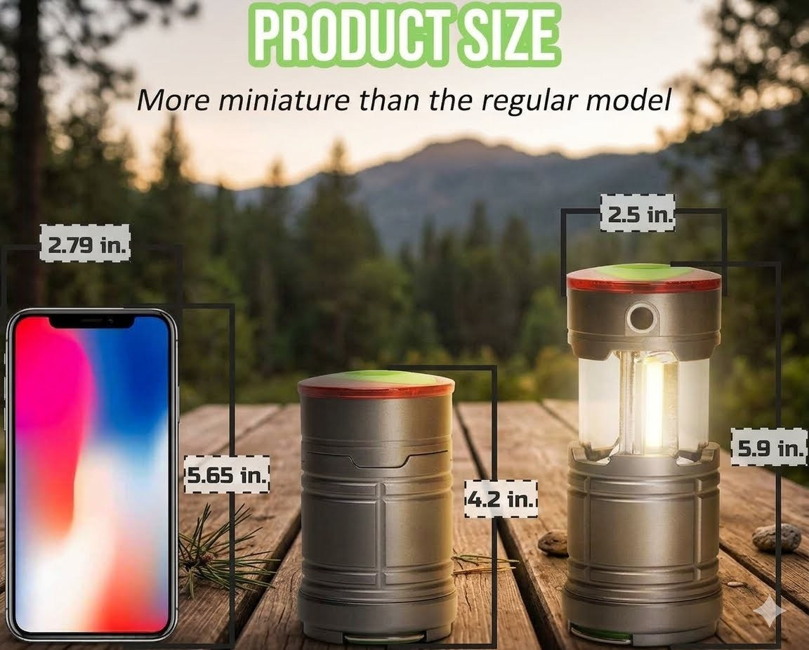 Product size comparison graphic showing a compact cylindrical camping lantern in two states: closed, labeled 2.79 in.