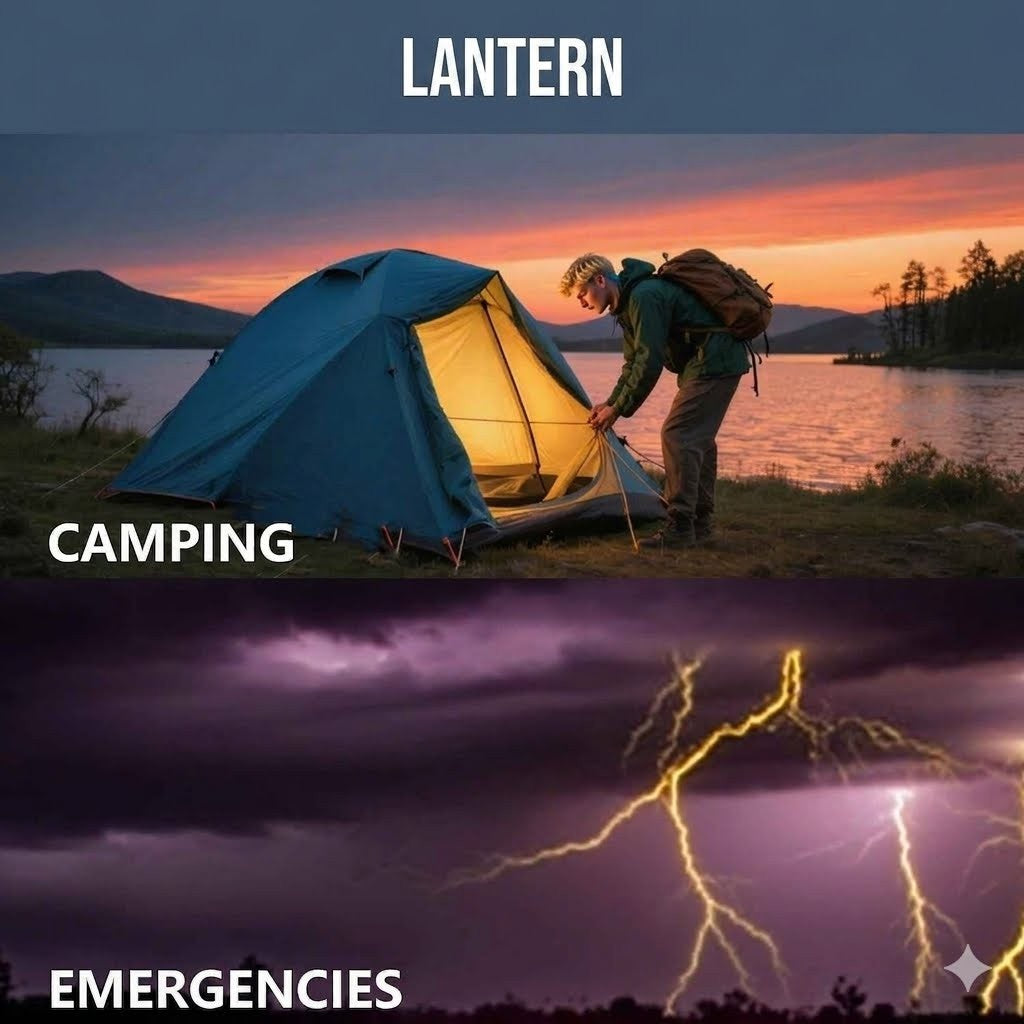 A split graphic with the words 'LANTERN' at the top and 'EMERGENCIES' at the bottom. The top half shows a camping scene with a blue tent, a person adjusting the entrance at sunset, and the word 'CAMPING.